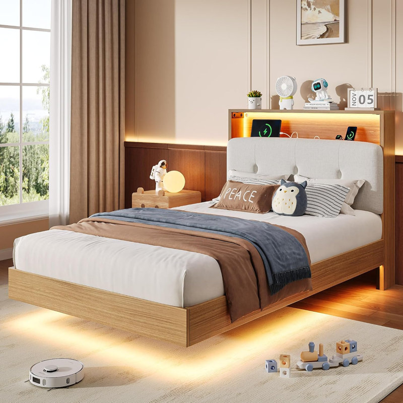 Structure de lit simple avec tête de lit tapissier en velours à 2 niveaux, structure de lit plateforme en bois avec station de charge et lumières DEL, noyer