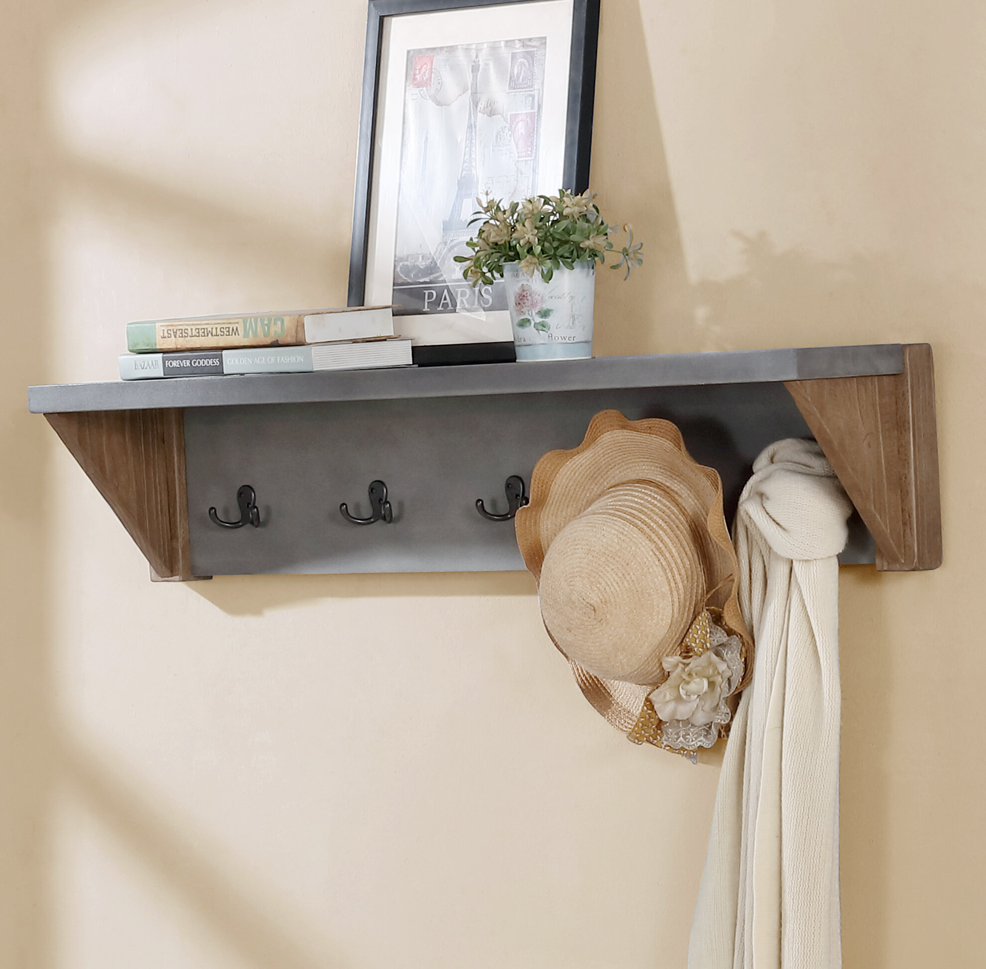 Aston 40 Wide Rustic Industrial Wood Faux Concrete Wall Mounted Coat Rack  With 5 Hooks And 1 Shelf