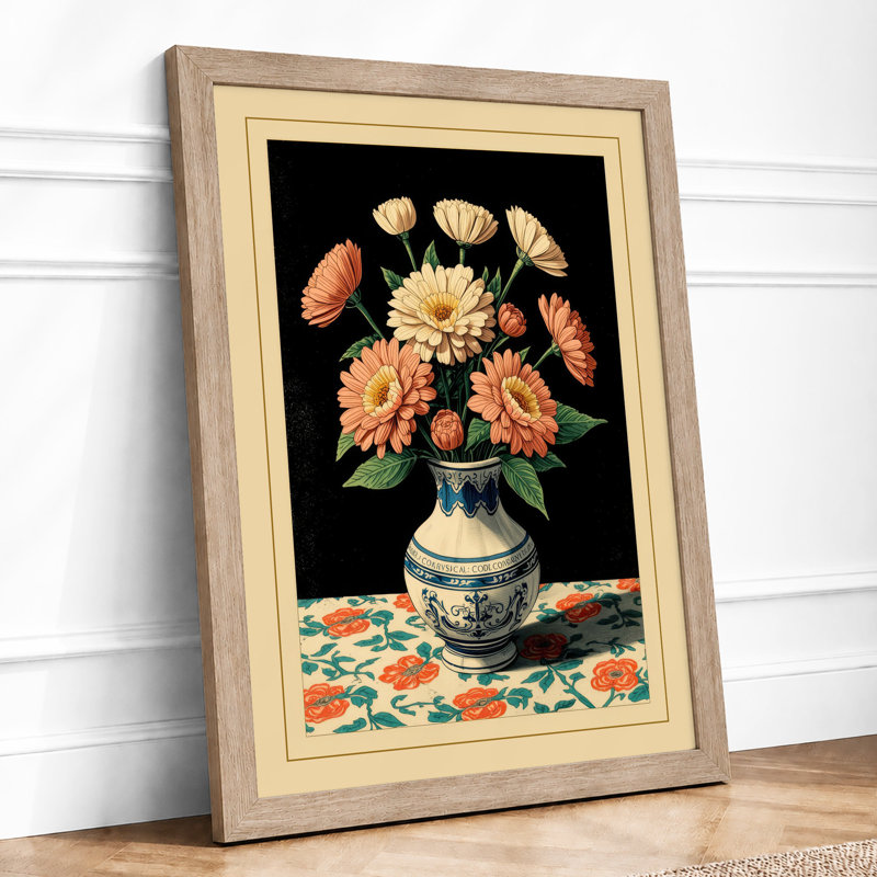 Chrysanthemum Arrangement Botanical - Framed Print, A1 - 84.1 x 59.4 cm, Oak