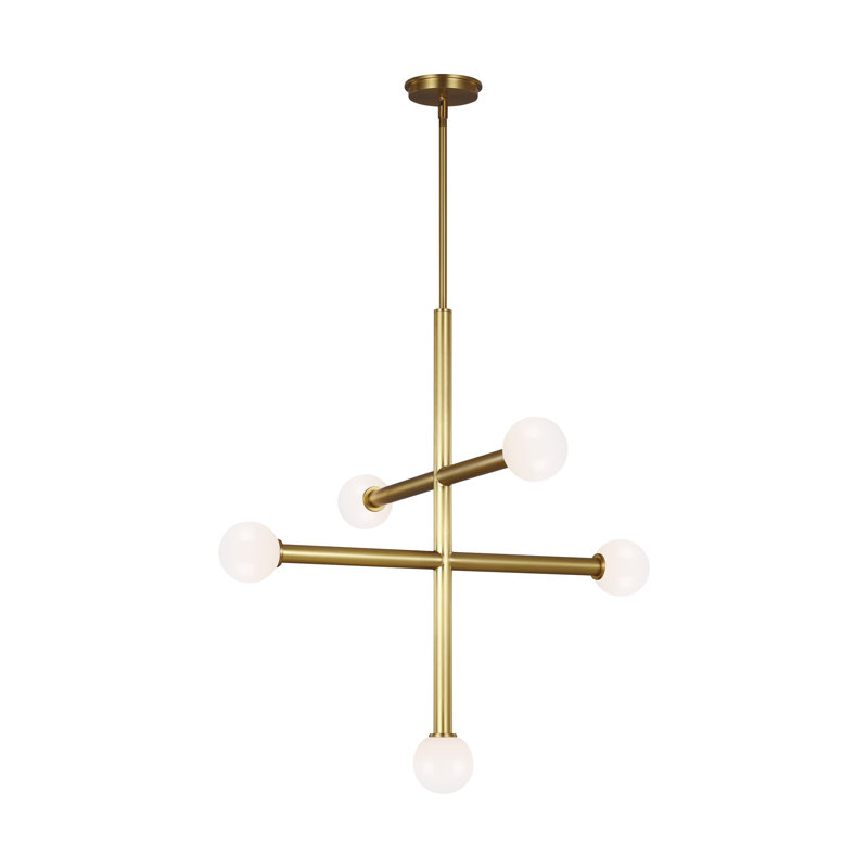 5 - Light Dimmable Sputnik Modern Linear Chandelier, Burnished Brass