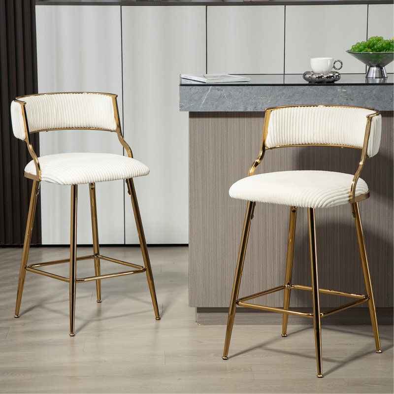 Two Pieces Bar Stools With Chromed Base And Footrest, White