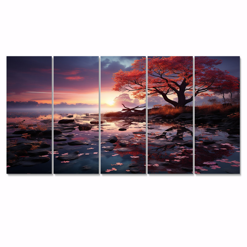 Arbre rouge, soirée enchantée au-dessus du lac - Art mural mural 5 pièces, H 28 po x l 60 po