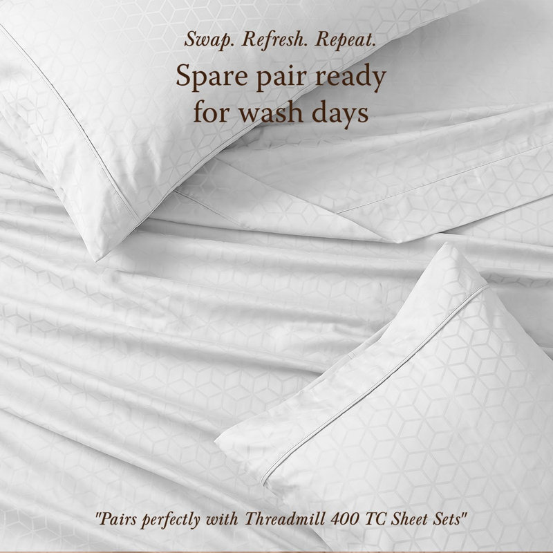 Threadmill 400 Thread Count Egyptian Cotton Pillowcase Set | Solid and Jacquard, Pillowcases - King, Bright White Cadence