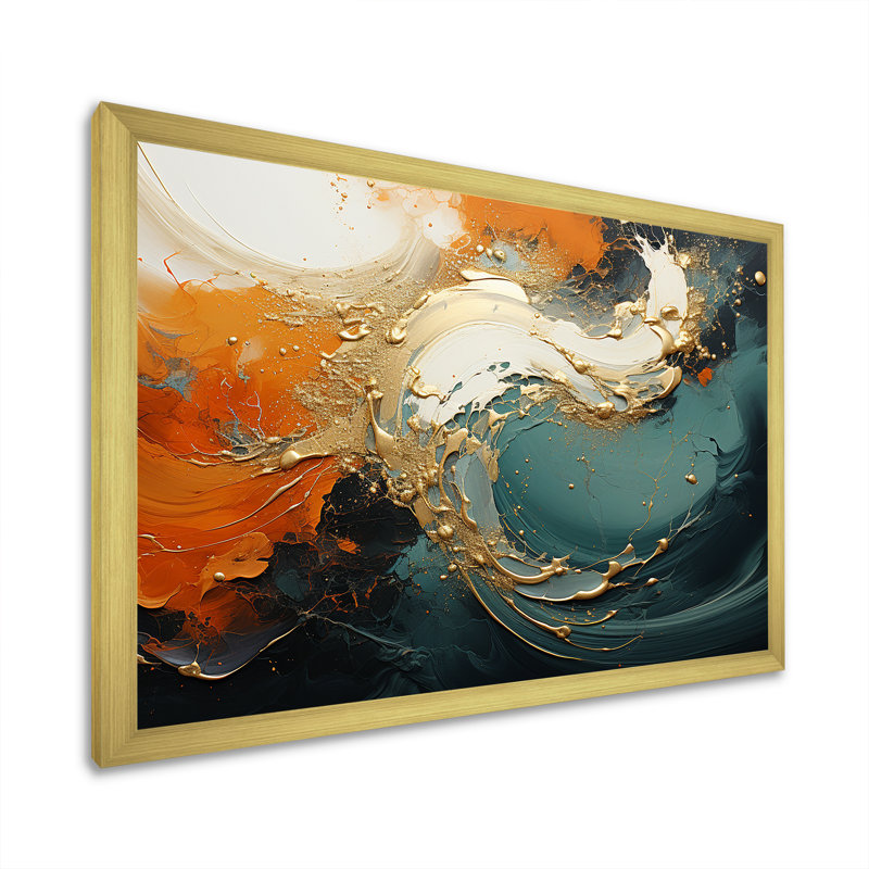 Tempête de marbre bleu et doré VI - art mural abstrait, Cadre d'angle fermé doré, H 16 po x l 32 po x P 1 po