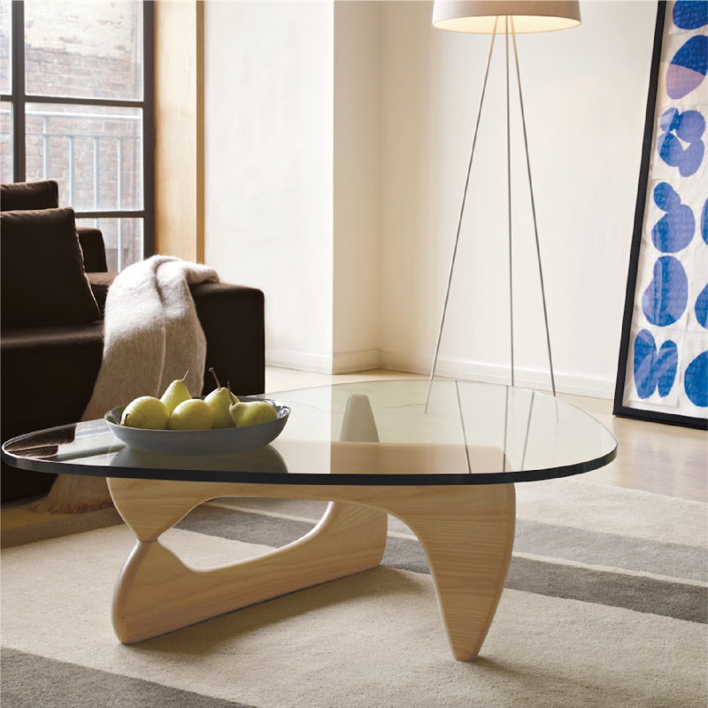 Table basse moderne moderne en verre avec plateau en bois ou métal pour salon, Noyer clair, H 16 po x L 50,9 po x l 36 po