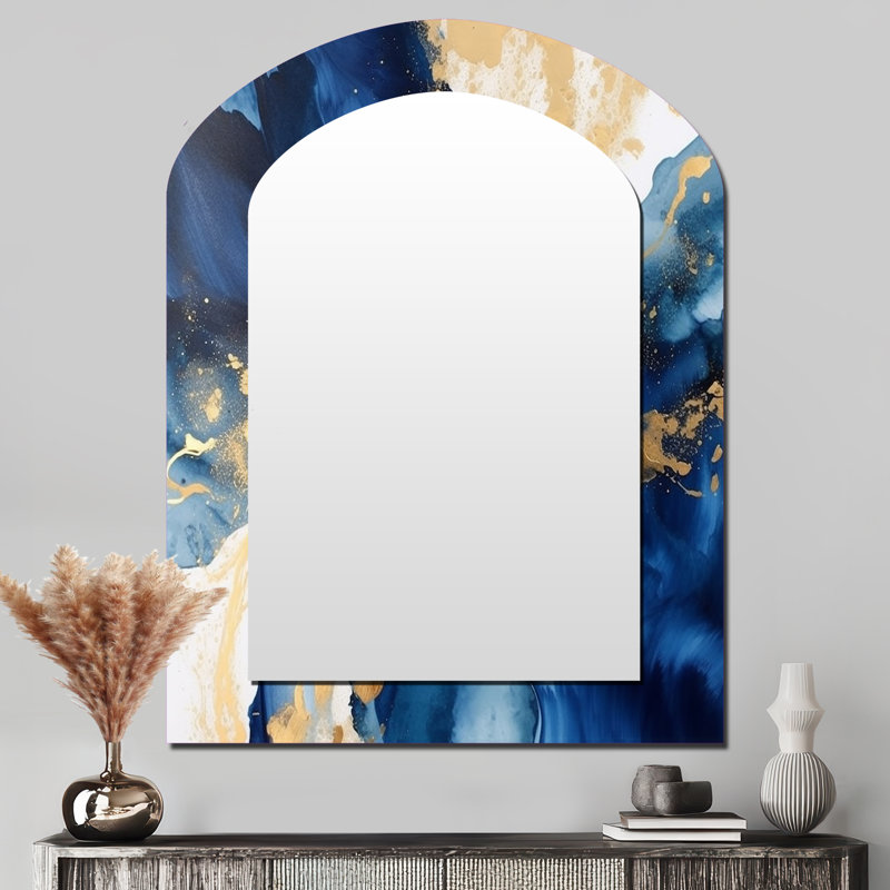 Kosinski Dark Blue and Gold Strokes VIII - Fractals Arch Large Mirror, Modern Asymmetrical Unique Wall Mirror Decor, Printed Metal Art