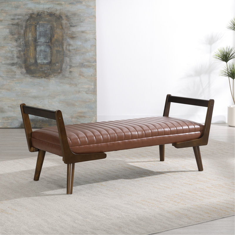 Banc de style Mid-Century de 52 po avec pieds en noyer brun et revêtement en bois doux de 52 po à l'avant, Cognac