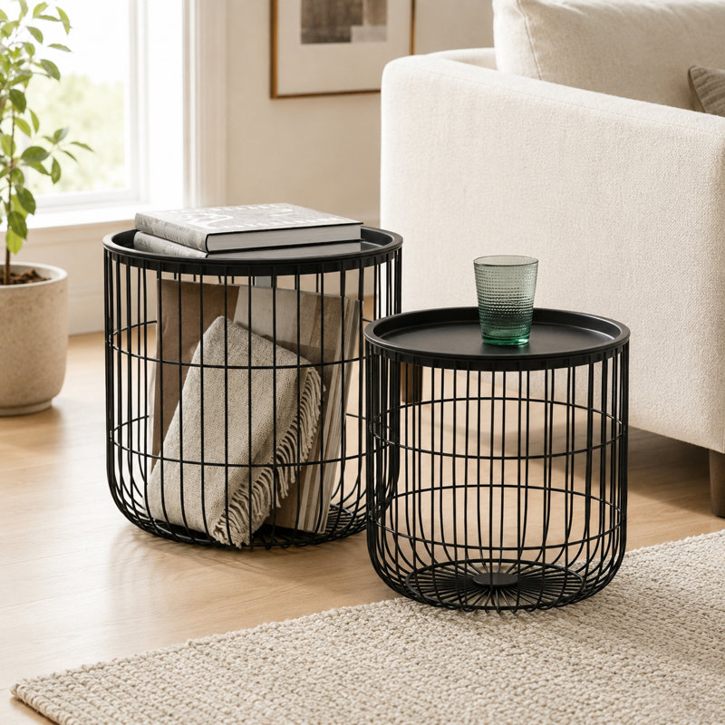 Ensemble de 2 tables d'appoint rondes avec plateau et paniers de rangement