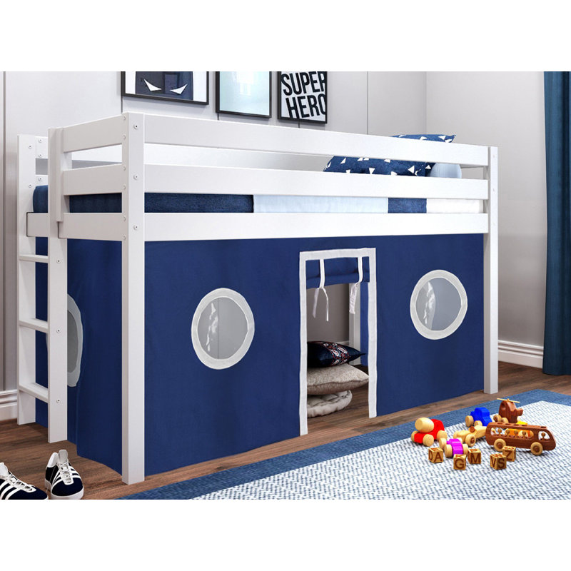 Johannes Solid Wood Twin Low Loft Bed with Ladder and Tent, Blue/White, White