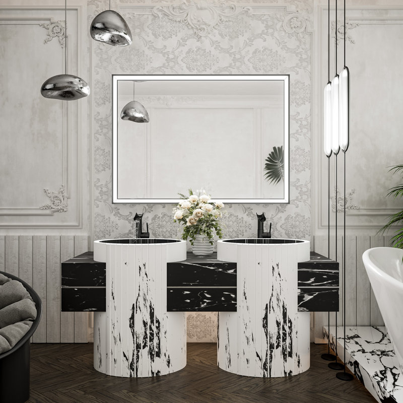 Front LED Anti-Fog Bathroom Vanity Mirror with Beveled Metal Framed, Rectangle, Matte Black, 36" x 48"