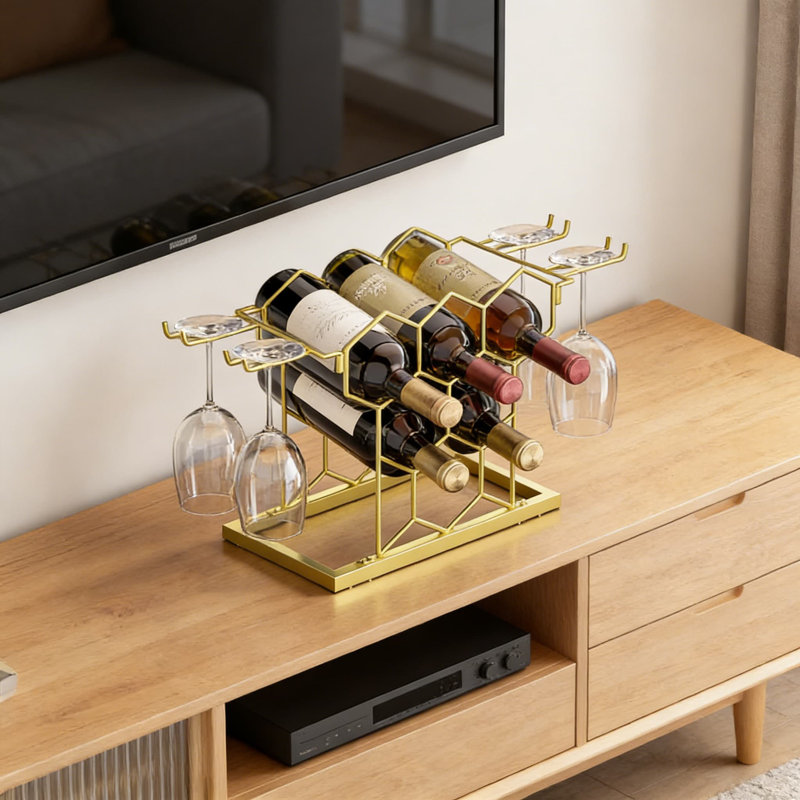 Support à vin de comptoir à 3 niveaux avec porte-verre, support de rangement en métal autoportant pouvant contenir 8 bouteilles et 4 verres, conception peu encombrante pour la cuisine, le bar ou la cave
