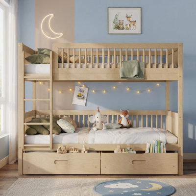 Twin Over Twin Solid Wood Bunk Bed with 2 Storage Drawers and Convertible Detachable Design