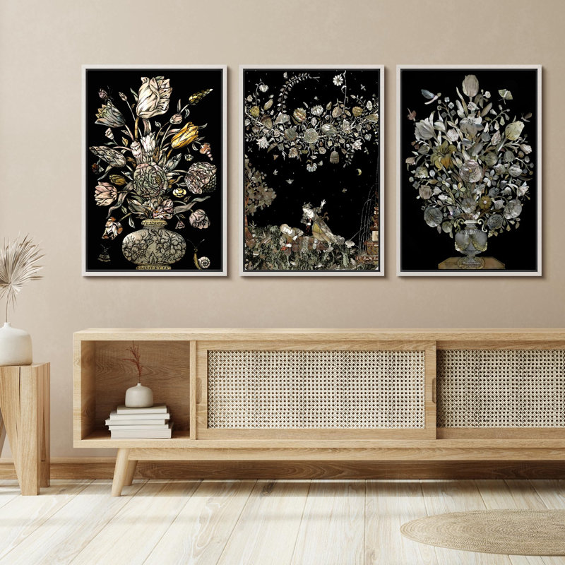 «Enchanteresse florale et insecte de style baroque, paysage naturel rétro, décoration rustique et classique», 3 pièces, Blanc