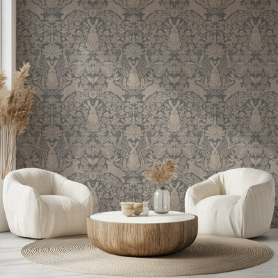 Gray Rabbit Damask Wall Mural | Vintage Bunny Floral Linen Look Wallpaper | Non-Woven or Peel and Stick