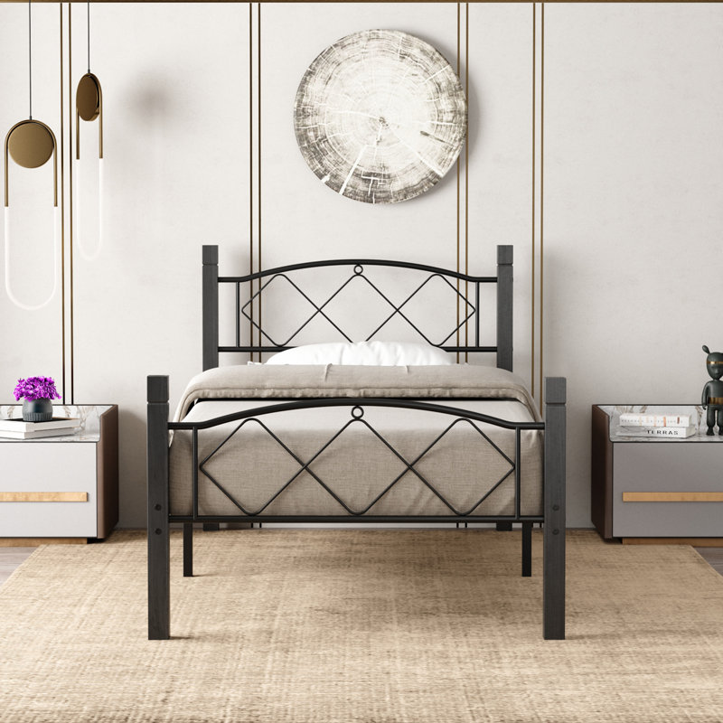 Krishara Hercules Twin Size Solid Wood Posts with Metal Bed Frame, Black
