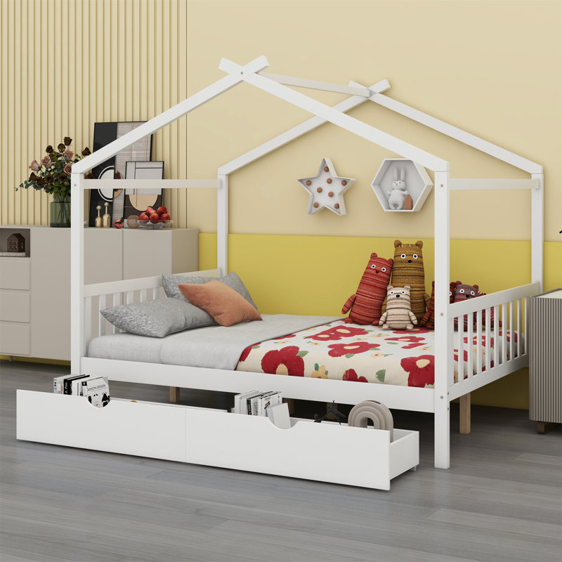 Lit plateforme House avec deux tiroirs, tête de lit et pied de lit, Blanc