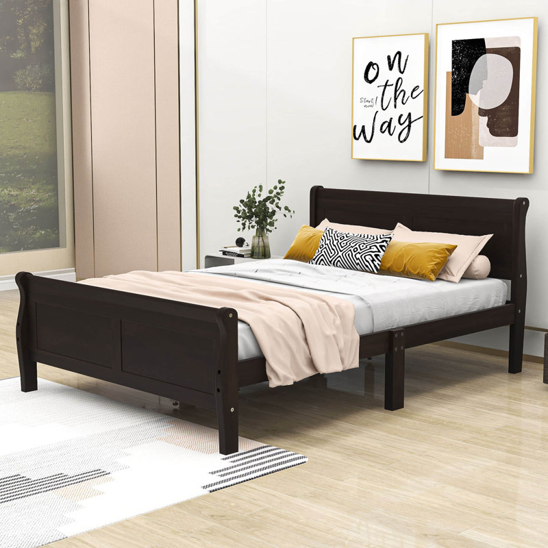 Wooden Platform Bed with Headboard and Footboard, Espresso, Full