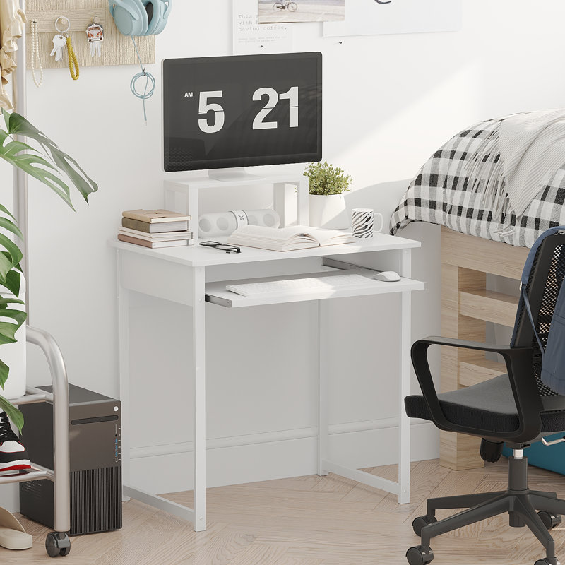 Bureau d'ordinateur moderne avec support pour écran et plateau à clavier, poste de travail compact pour adultes, Blanc