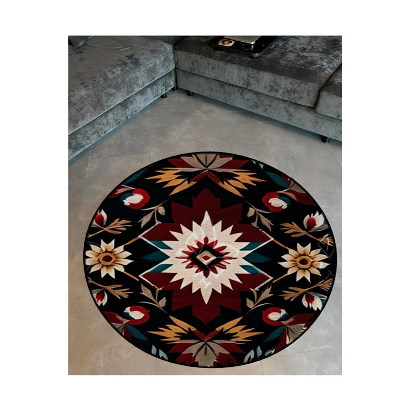 Multicolored Dark Tone Motif Floral Patterned Round Woven Base Vintage Decorative Carpet, Round 3'4"