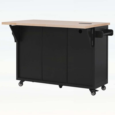 Kitchen Island with Drop Leaf, ower Outlet,Embossed Vertical Stripe Design,and Ample Storage on Wheels