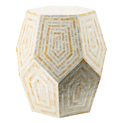 18X18x21 Inches Stool With Hexagonal Capes Style, Cream And Yellow Coloration, Inlay Accouterments, Diamond Shaped Embellishments, For Or Side Table - Toned Stool, Attributes, Ornaments, Use As