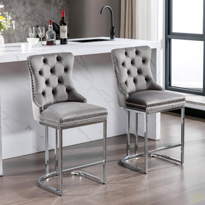 26" Counter Height Bar Stools Set Of 2, Modern Velvet Barstools With Button Back Rivet Trim Upholstered Kitchen Island Chairs With Sturdy Chromed Metal Base Legs Farmhouse Bar Stools(2 Pack)