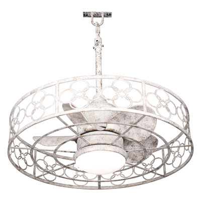 Ventilateur de plafond d'extérieur à cage blanche vieillie de 24 po avec lumière DEL et télécommande, Fandelier imperméable à 6 vitesses