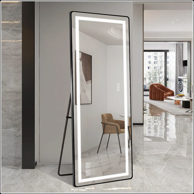 64 Inch X 21 Inch Full-Length Vertical Mirror With LED Light, Illuminated Floor And Wall Mount, Dimmable, Aluminum Alloy Frame