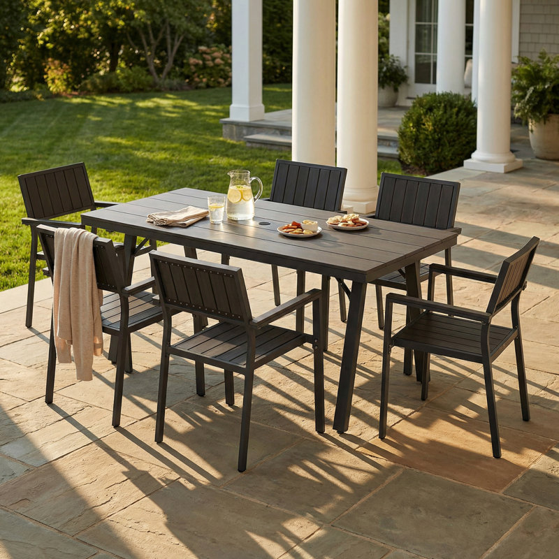 Ensemble repas d'extérieur 7 pièces Nika, en alliage d'aluminium, adapté aux rassemblements de patio, 6, Noir