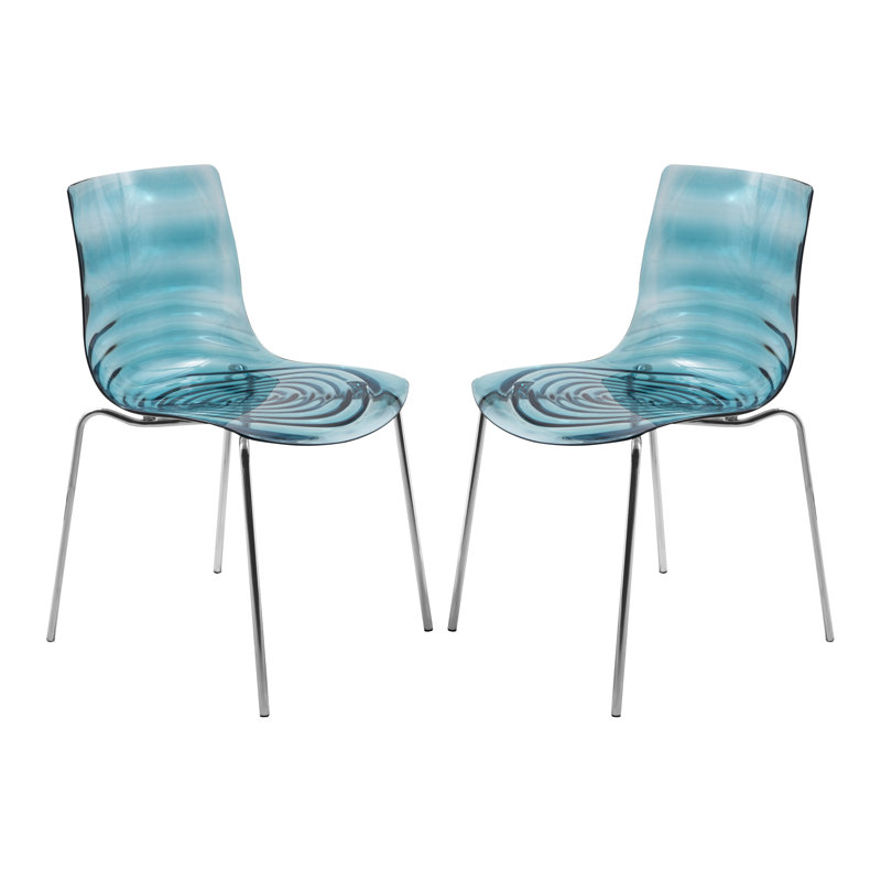 Minelli Dining Side Chair with Water Ripple Design and Chrome Legs, Transparent Blue