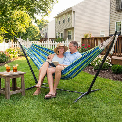  Double Canvas Hammock with Steel Stand with Storage Bag for Indoor/Outdoor Garden, Patio, Deck, Yard & Balcony, Blue