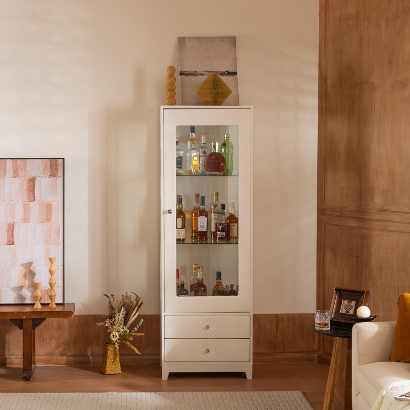 Armoire à vin autoportante de 71 po avec tablettes réglables, portes rembourrées, 2 tiroirs de rangement, porte vitrée, plafond à DEL 5 couleurs, vue panoramique à 180 degrés pour une salle à manger - éléments blancs,