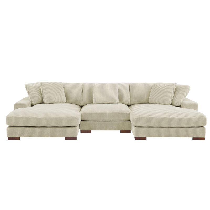Canapé modulaire en velours côtelé double avec 3 sièges réglables en velours côtelé beige et coussins d'assise surdimensionnés -