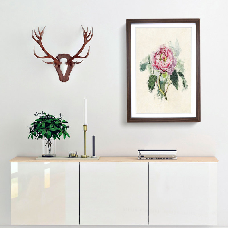 Illustration of a Pink Peony - Picture Frame Painting Print, Walnut Framed, 48cm H x 36cm W x 2cm D
