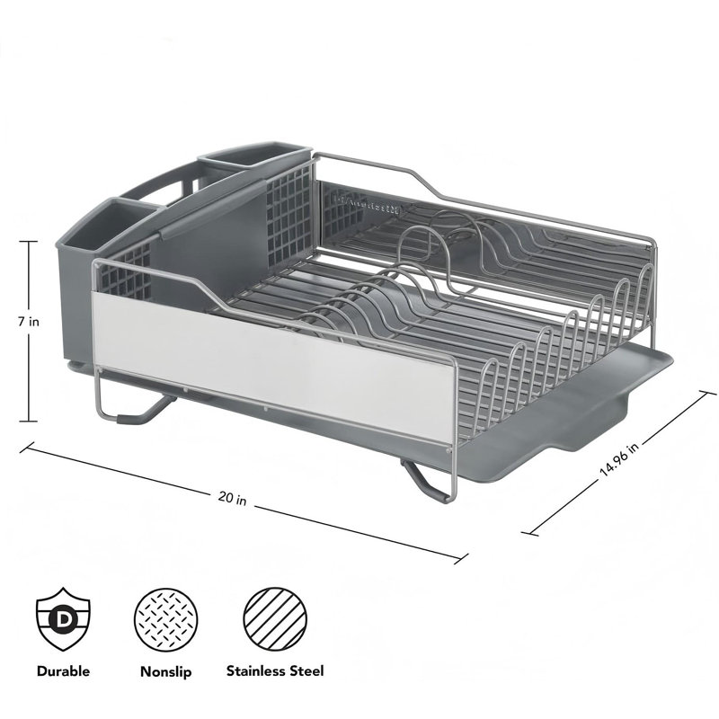 Large Capacity Full Size Rust Resistant Dish Rack with Angled Drain Board and Removable Flatware Caddy, Light Grey
