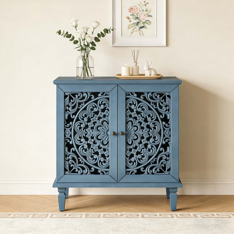 Buffet antique 2 portes avec sculptures florales, Bleu antique