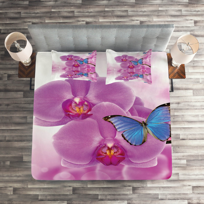 Butterflies Polyester Floral Coverlet, Queen Bedspread + 2 Shams