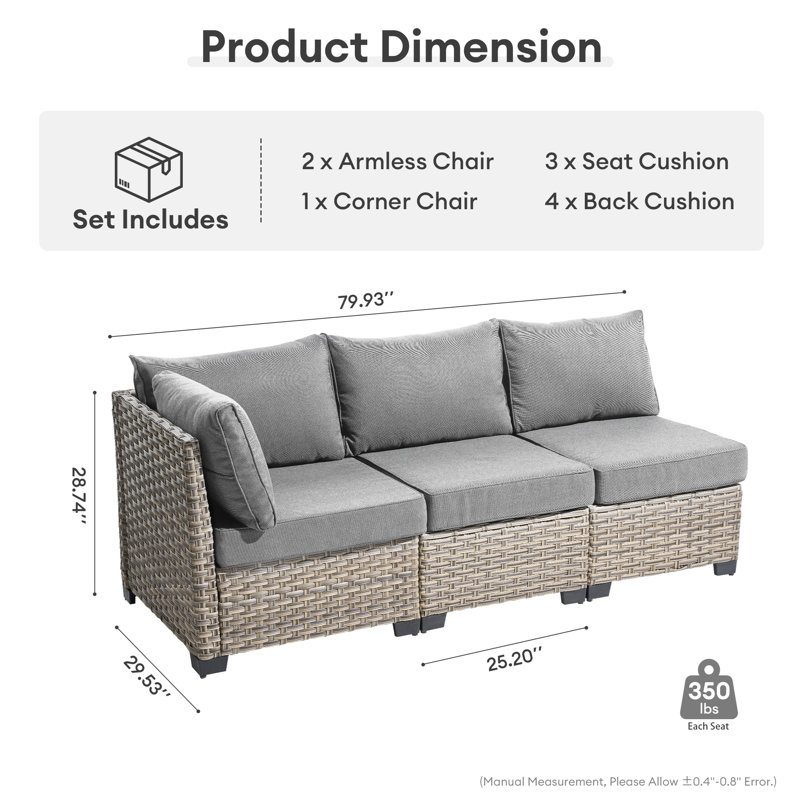 3-person  Outdoor Sectional With Cushions,all-weather Wicker Patio Set, Dark Gray