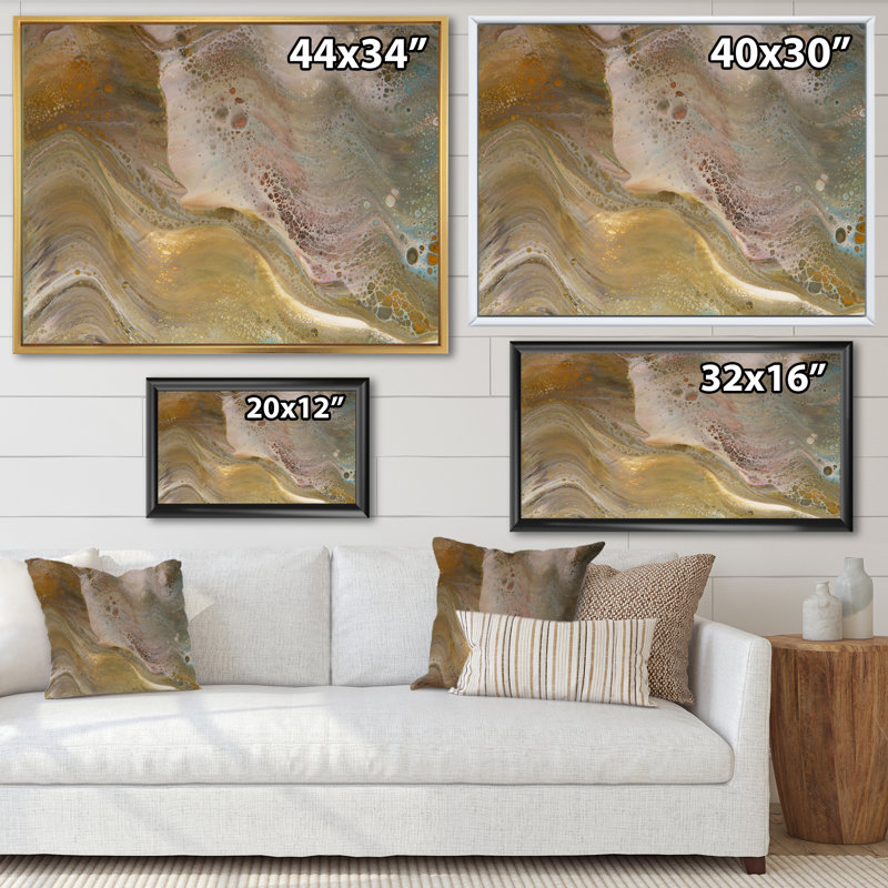 Vagues de marbre brun et gris - peinture sur toile, Cadre flottant blanc, H 30 po x l 40 po x P 1,5 po