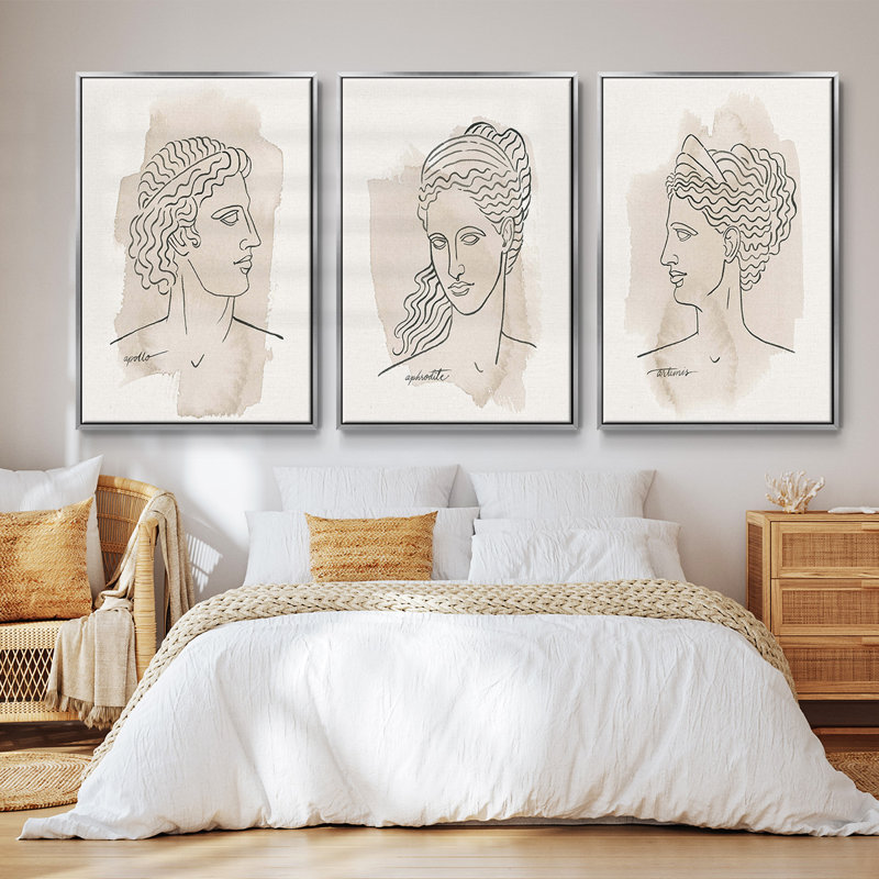 Ensemble de 3 pièces grecques IV encadrées sur toile, H 40 po x l 78 po, Encadrement argenté