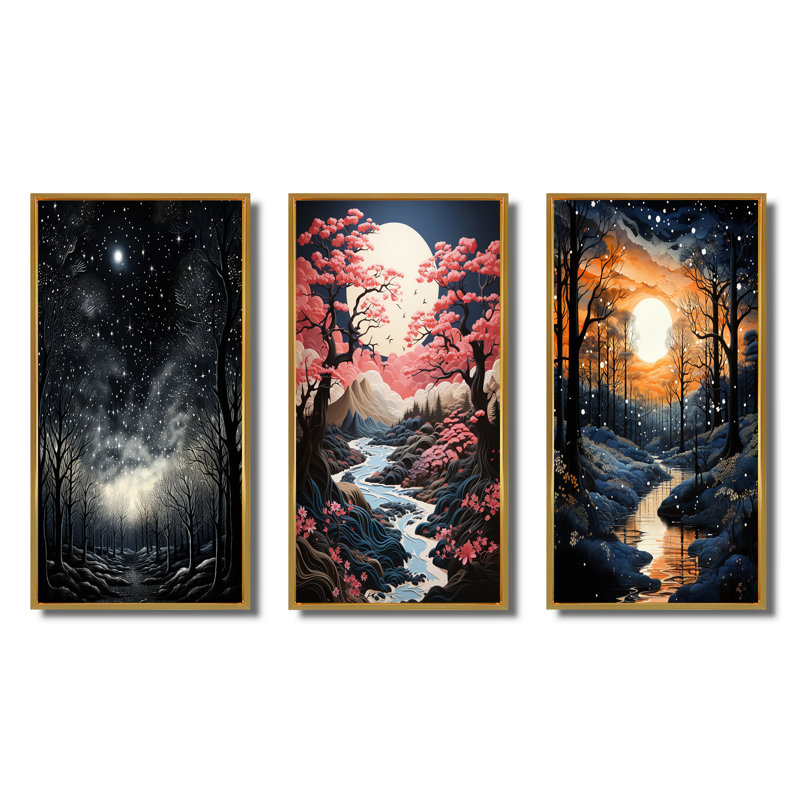 «Black Forest Monicol Canopy», 3 pièces sur toile, H 40 po x l 60 po, Encadrement doré