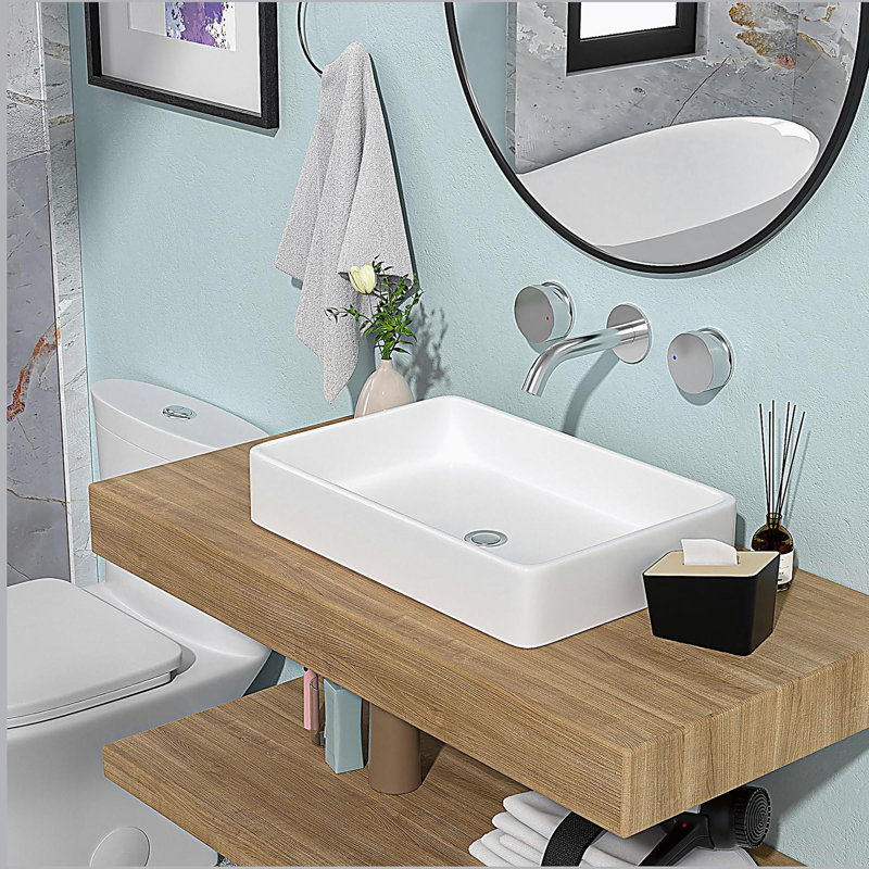 24"x16" White Ceramic Rectangular Vessel Bathroom Sink
