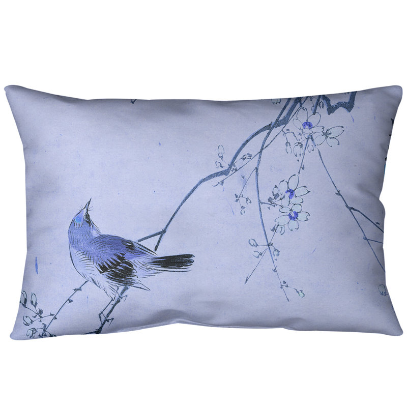 Coussin lombaire en aquarelle d’oiseau japonais et de fleurs, Bleu, Faux lin