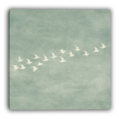 Flying White Birds in Sage Green Square Wrapped Canvas Wall Art
