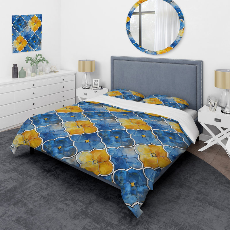 Ensemble de housse de couette moderne bleu, jaune et quadrilobe I, Housse de couette très grand et 2 très grandes t