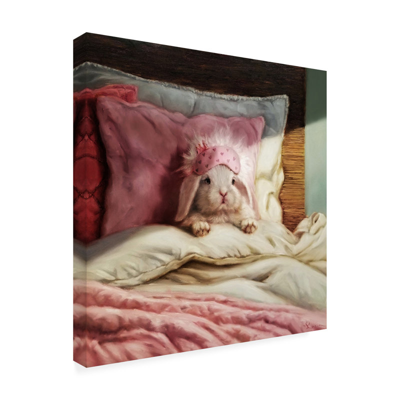 «Bed Hare» par Lucia Heffernan - peinture sur toile tendue, H 24 po x l 24 po x P 2 po