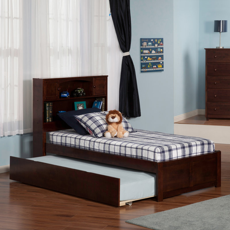 Brevyn Solid Wood Bookcase Storage Platform Bed with Footboard & Roll Out Trundle, Espresso, Twin XL