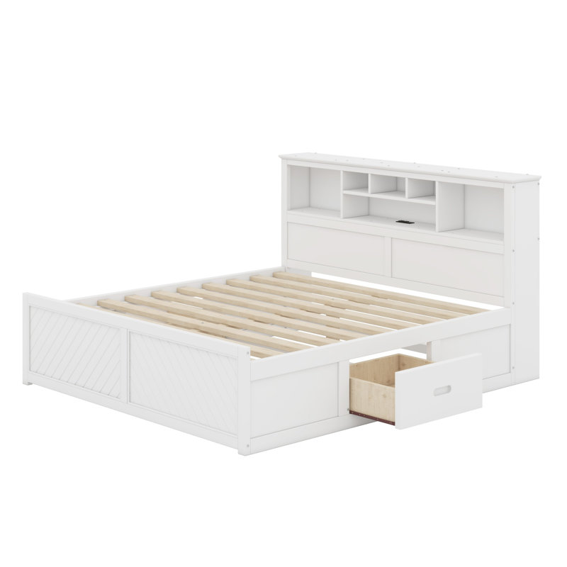 Lit plateforme avec tête de lit multi-rangement, USB et tiroirs, Blanc