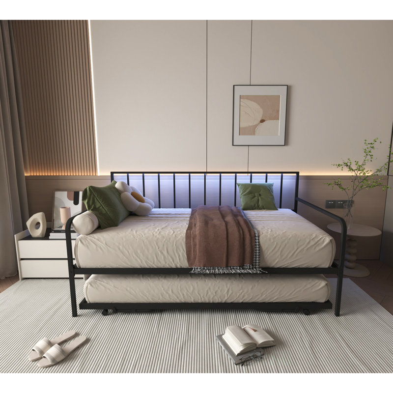 Twin Daybed With RGB LED Lights & Charging Station, Height Adjustable Day Bed Frame With Trundle, Versatile Metal Sofa Bed Frame For Bedroom, Living Room, Guest Room