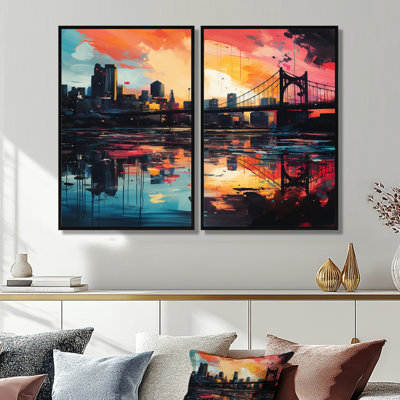 Ensemble de 2 décorations murales colorées Pittsburgh Cityscape